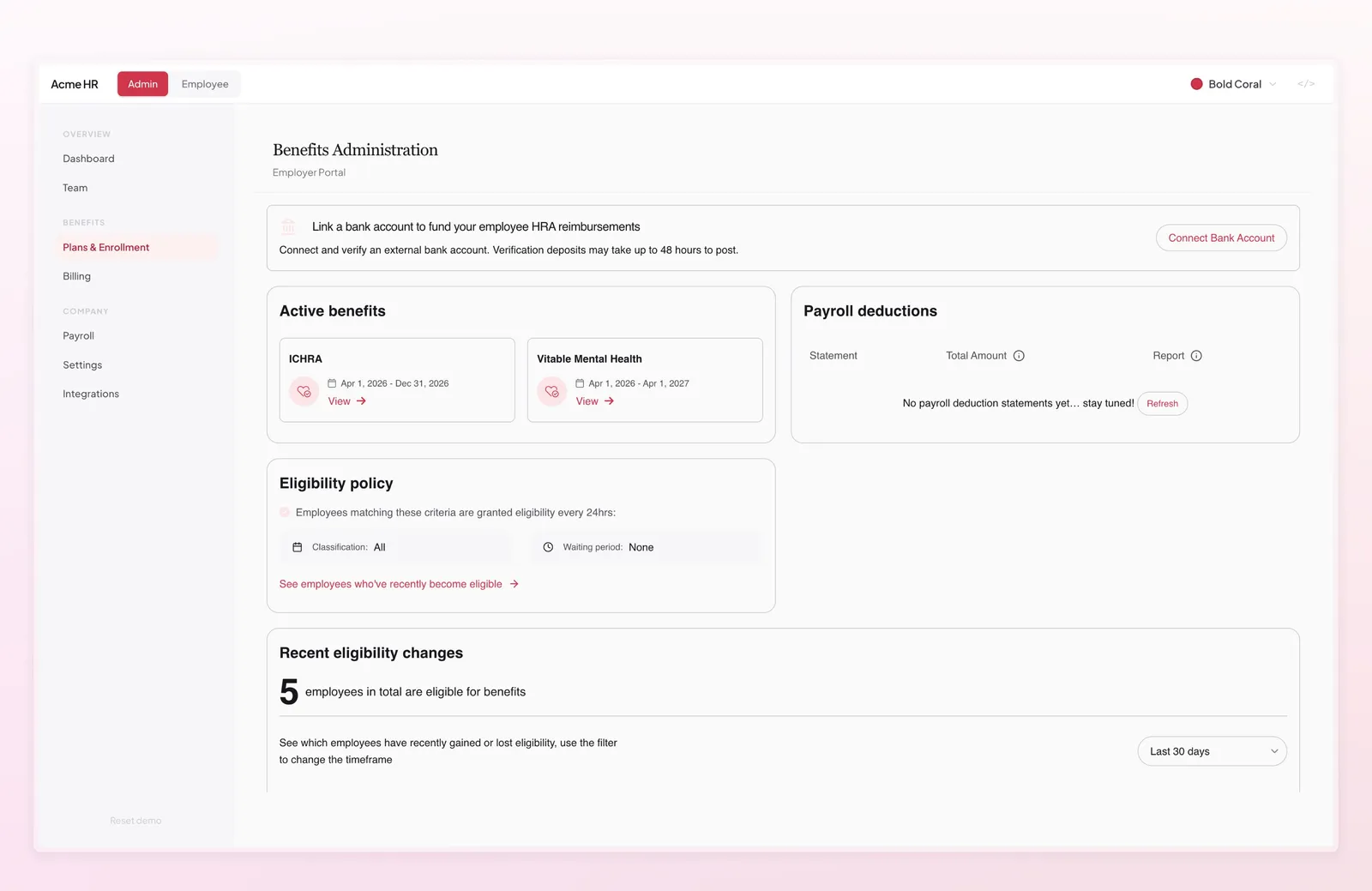 Employer benefits administration dashboard