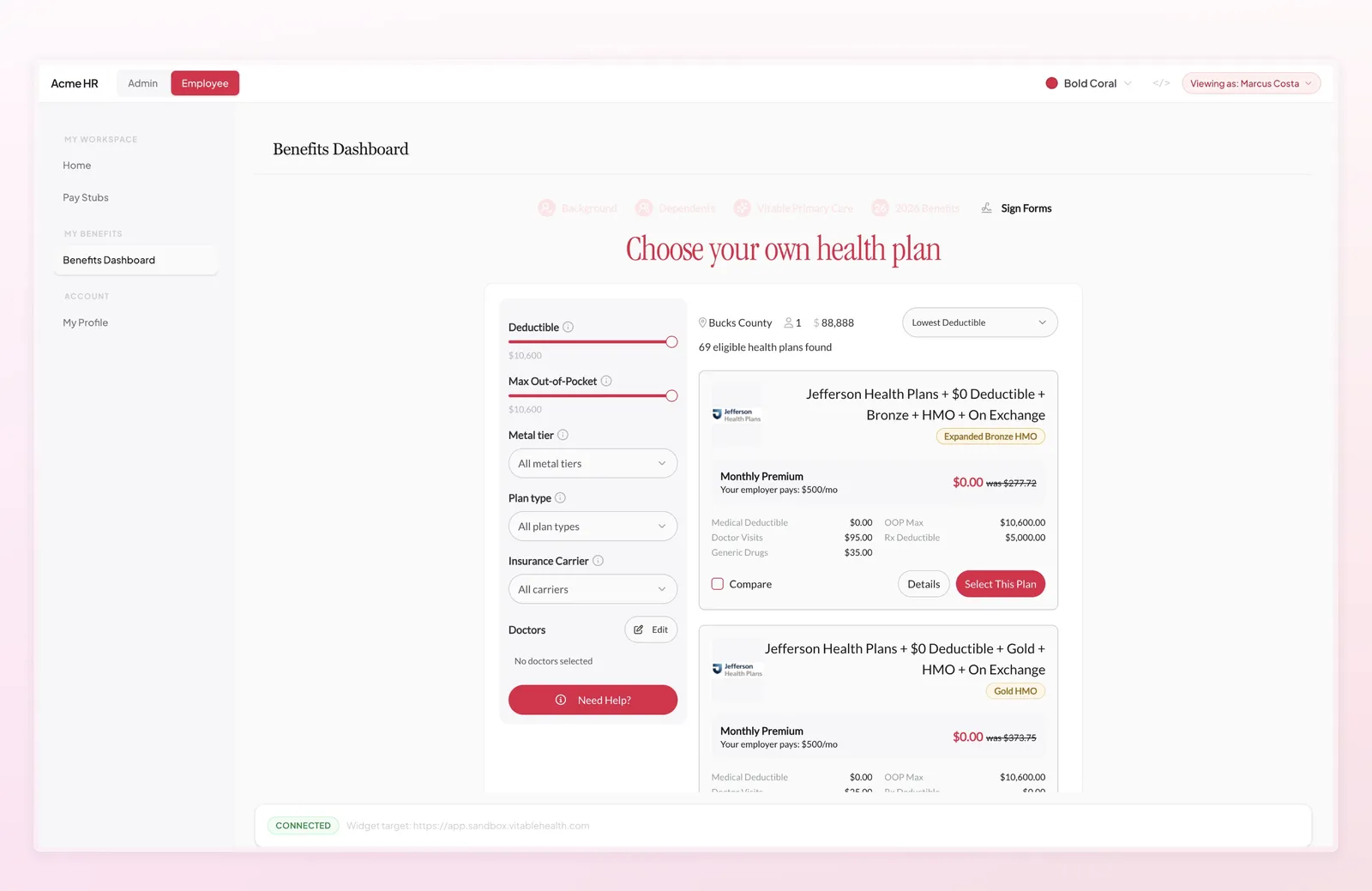 Employee enrollment flow — plan selection step