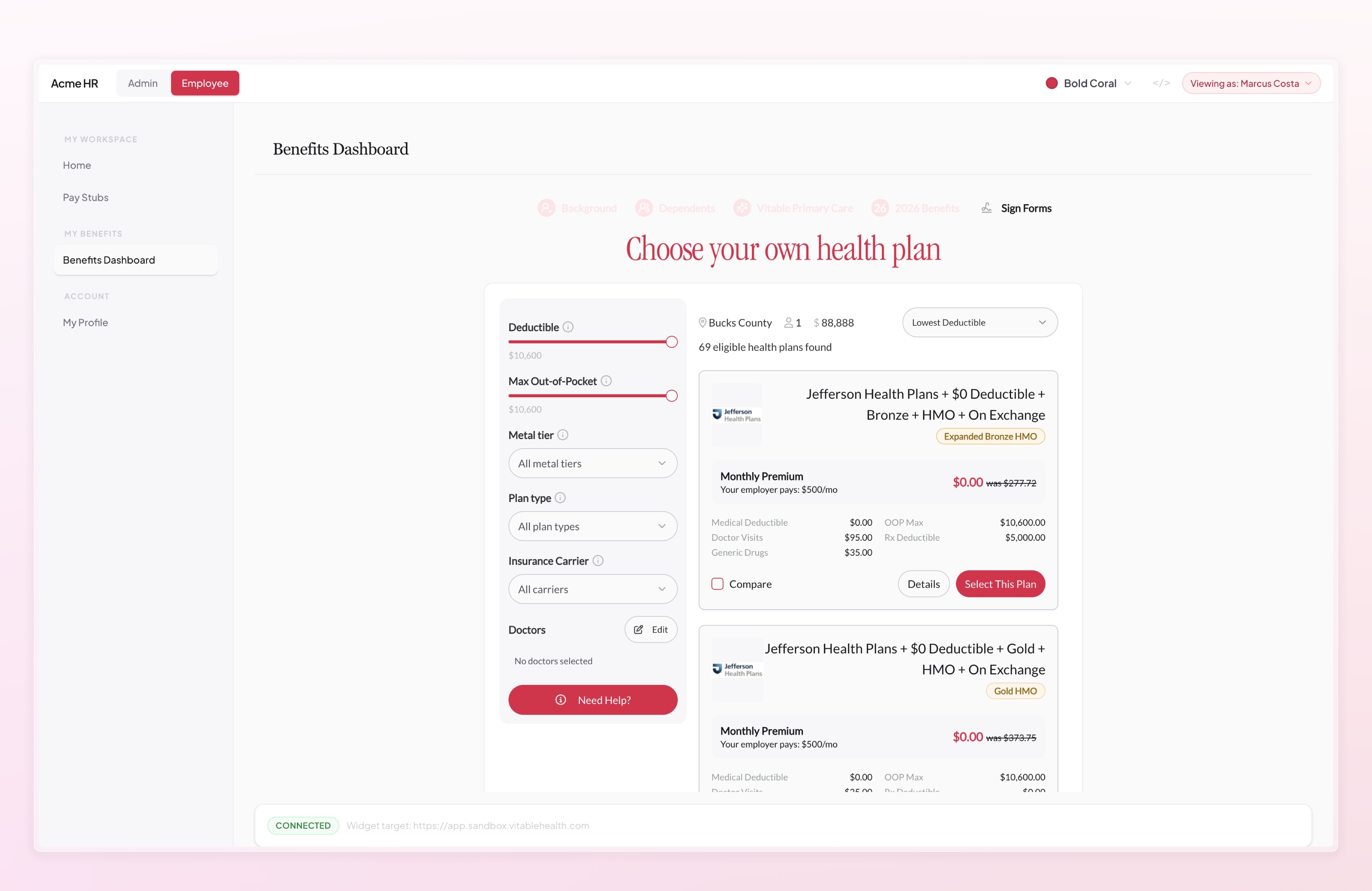 Employee enrollment flow — plan selection step